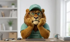 Mascotte de SEO marketing Concept se tenant la machoire entre ses pattes