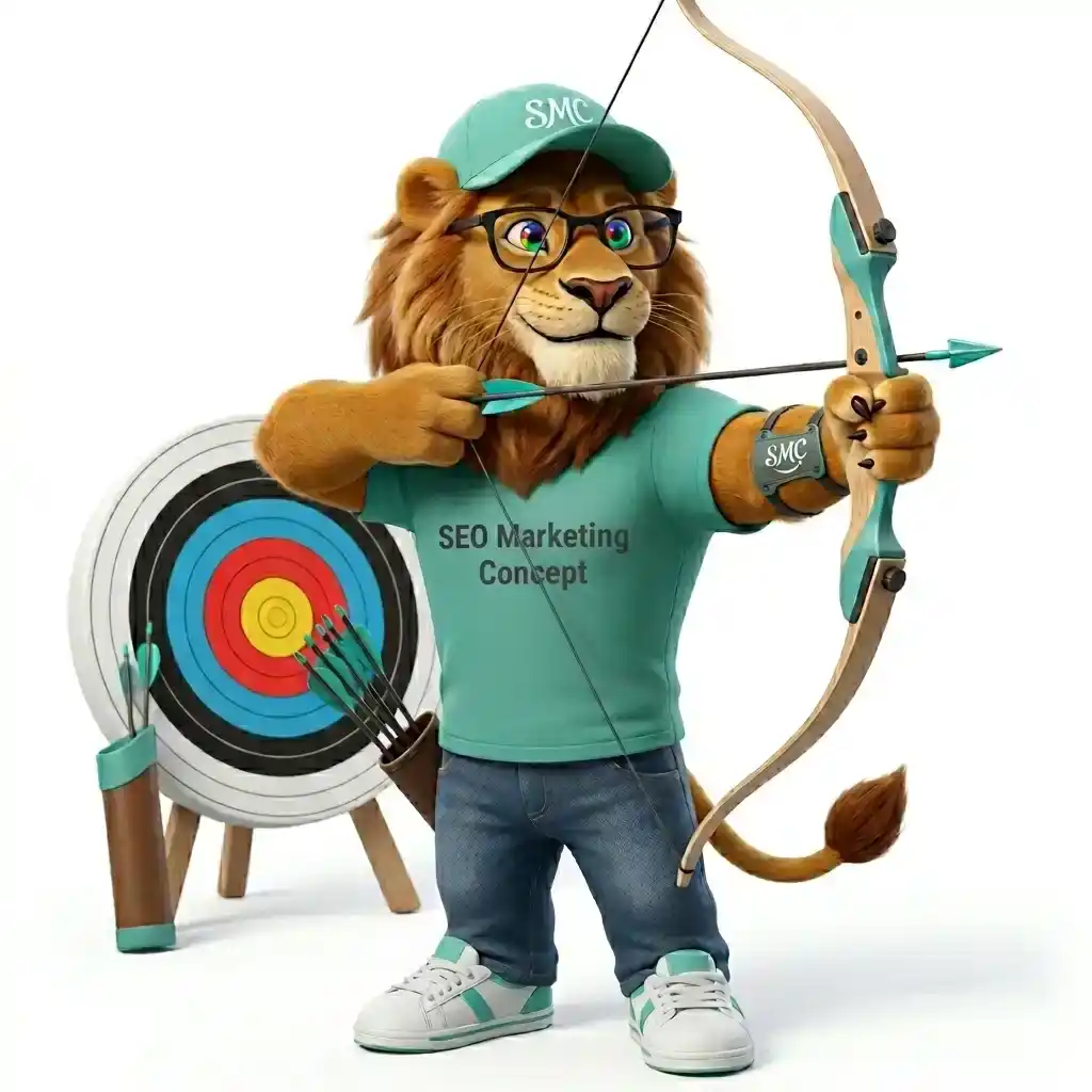 mascotte seo marketing concept tenant un arc