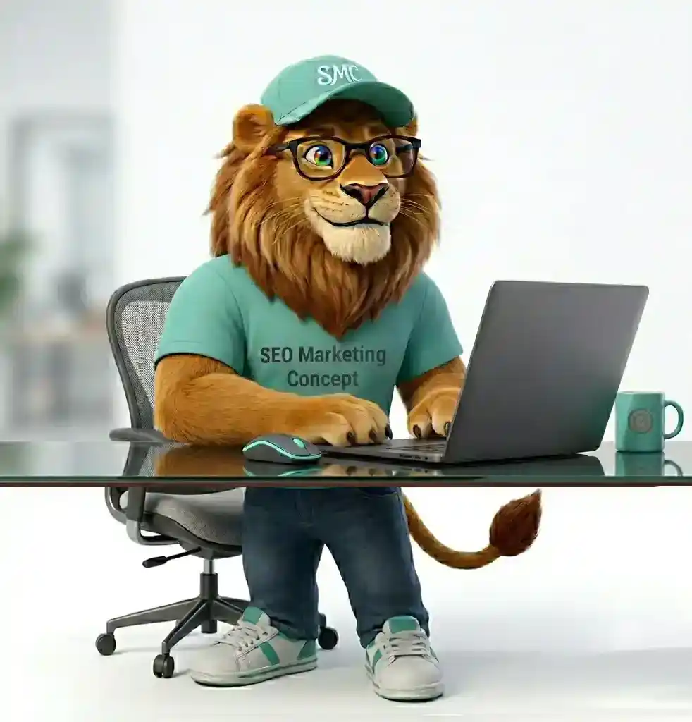 Mascotte seo marketing concept devant un ordinateur